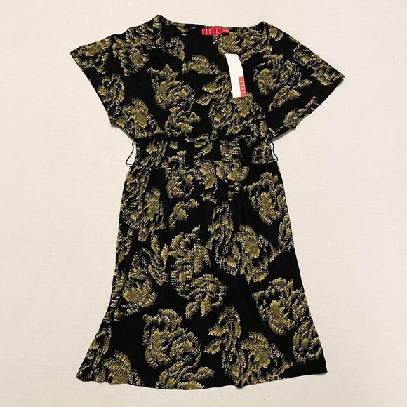 Elle Black Gold Floral Dress Womens Size XS Stretchy Party Dress - Picture 1 of 16